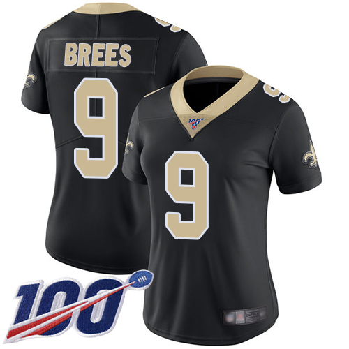 Saints #9 Drew Brees Black Team Color Women's Stitched Football 100th Season Vapor Limited Jersey