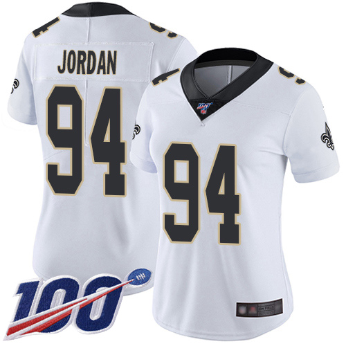 Saints #94 Cameron Jordan White Women's Stitched Football 100th Season Vapor Limited Jersey