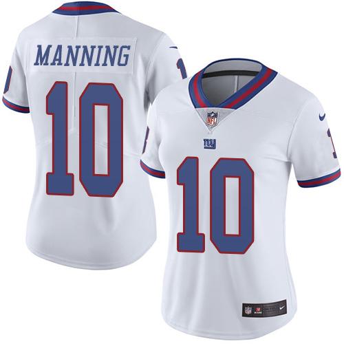 Nike Giants #10 Eli Manning White Women's Stitched NFL Limited Rush Jersey - Click Image to Close