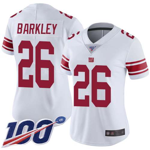 Giants #26 Saquon Barkley White Women's Stitched Football 100th Season Vapor Limited Jersey - Click Image to Close