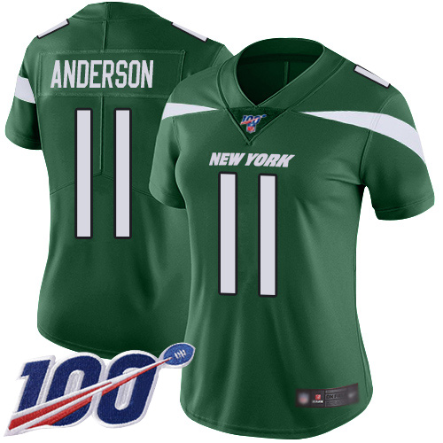 Jets #11 Robby Anderson Green Team Color Women's Stitched Football 100th Season Vapor Limited Jersey - Click Image to Close