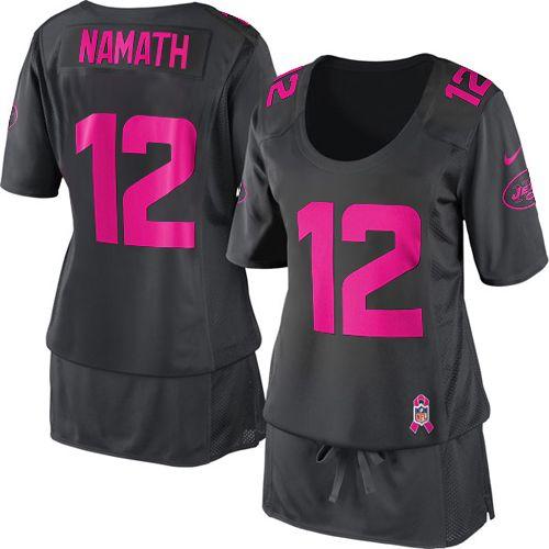 Nike Jets #12 Joe Namath Dark Grey Women's Breast Cancer Awareness Stitched NFL Elite Jersey - Click Image to Close