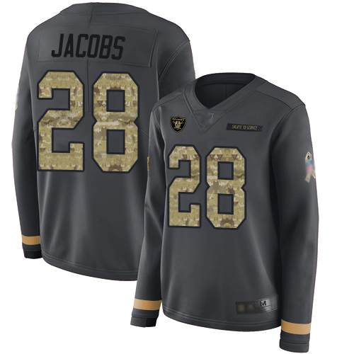 Raiders #28 Josh Jacobs Anthracite Salute to Service Women's Stitched Football Limited Therma Long Sleeve Jersey