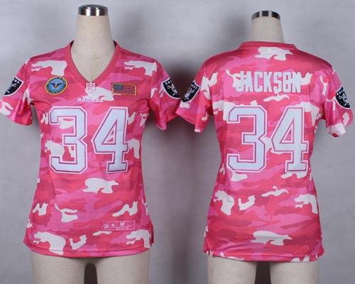 Nike Raiders #34 Bo Jackson Pink Women's Stitched NFL Elite Camo Fashion Jersey