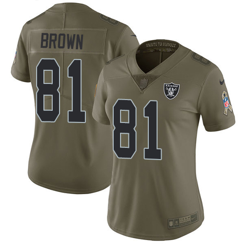 Nike Raiders #81 Tim Brown Olive Women's Stitched NFL Limited 2017 Salute to Service Jersey - Click Image to Close