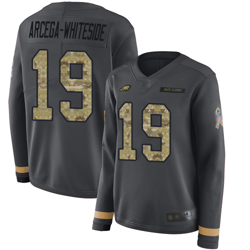 Eagles #19 JJ Arcega-Whiteside Anthracite Salute to Service Women's Stitched Football Limited Therma Long Sleeve Jersey