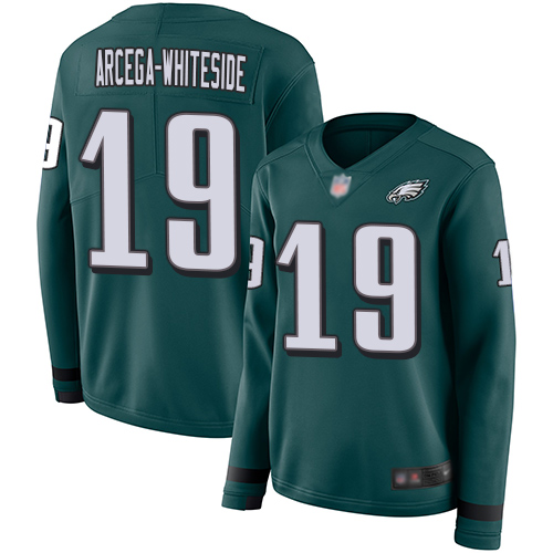 Eagles #19 JJ Arcega-Whiteside Midnight Green Team Color Women's Stitched Football Limited Therma Long Sleeve Jersey - Click Image to Close