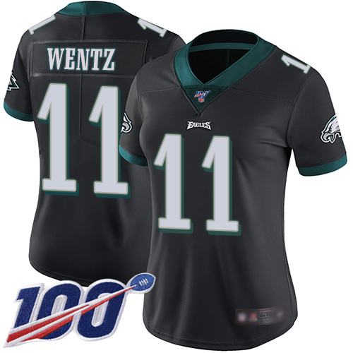 Eagles #11 Carson Wentz Black Alternate Women's Stitched Football 100th Season Vapor Limited Jersey