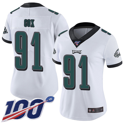 Eagles #91 Fletcher Cox White Women's Stitched Football 100th Season Vapor Limited Jersey - Click Image to Close