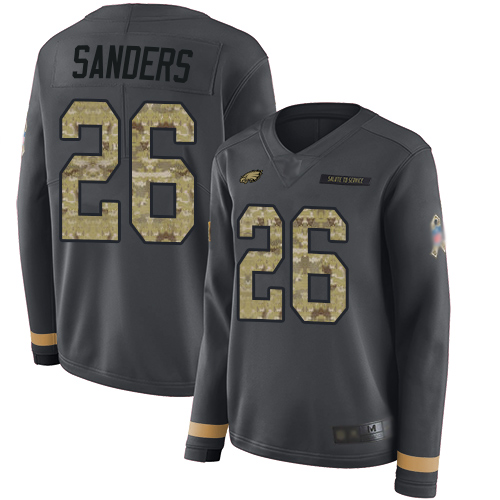 Eagles #26 Miles Sanders Anthracite Salute to Service Women's Stitched Football Limited Therma Long Sleeve Jersey