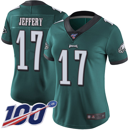 Eagles #17 Alshon Jeffery Midnight Green Team Color Women's Stitched Football 100th Season Vapor Limited Jersey - Click Image to Close