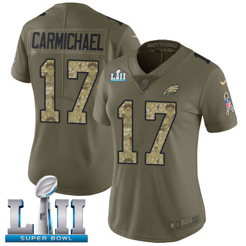 Nike Eagles #17 Harold Carmichael Olive/Camo Super Bowl LII Women's Stitched NFL Limited 2017 Salute to Service Jersey