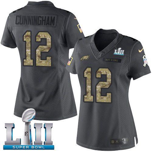 Nike Eagles #12 Randall Cunningham Black Super Bowl LII Women's Stitched NFL Limited 2016 Salute to Service Jersey - Click Image to Close