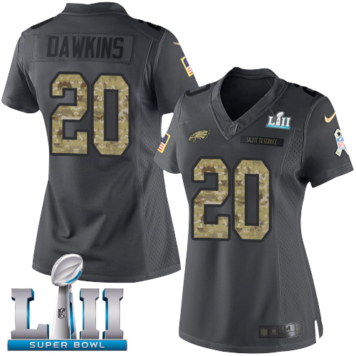 Nike Eagles #20 Brian Dawkins Black Super Bowl LII Women's Stitched NFL Limited 2016 Salute to Service Jersey - Click Image to Close