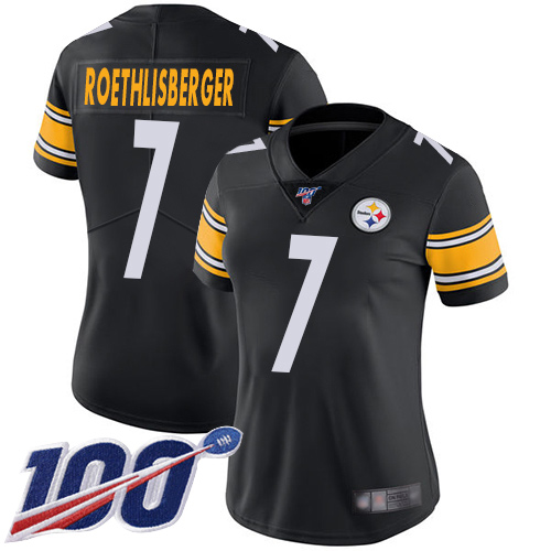 Steelers #7 Ben Roethlisberger Black Team Color Women's Stitched Football 100th Season Vapor Limited Jersey