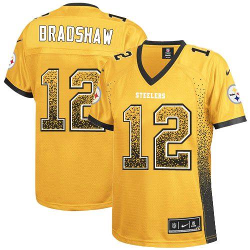 Nike Steelers #12 Terry Bradshaw Gold Women's Stitched NFL Elite Drift Fashion Jersey