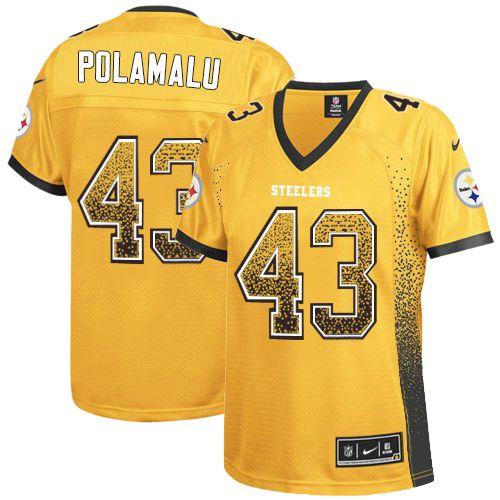 Nike Steelers #43 Troy Polamalu Gold Women's Stitched NFL Elite Drift Fashion Jersey - Click Image to Close