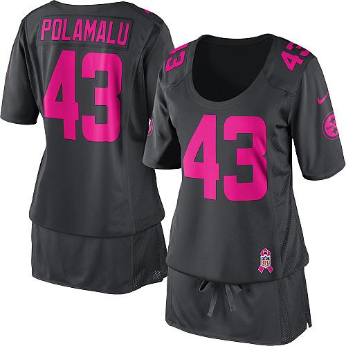 Nike Steelers #43 Troy Polamalu Dark Grey Women's Breast Cancer Awareness Stitched NFL Elite Jersey - Click Image to Close