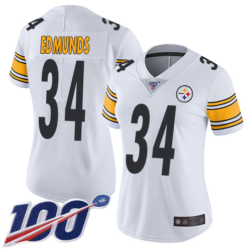 Steelers #34 Terrell Edmunds White Women's Stitched Football 100th Season Vapor Limited Jersey