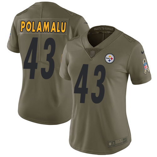 Nike Steelers #43 Troy Polamalu Olive Women's Stitched NFL Limited 2017 Salute to Service Jersey - Click Image to Close