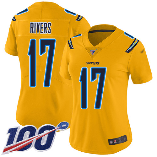 Chargers #17 Philip Rivers Gold Women's Stitched Football Limited Inverted Legend 100th Season Jersey - Click Image to Close