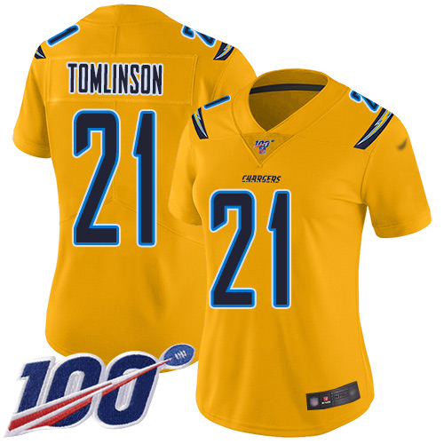 Chargers #21 LaDainian Tomlinson Gold Women's Stitched Football Limited Inverted Legend 100th Season Jersey - Click Image to Close