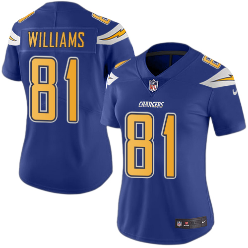 Nike Chargers #81 Mike Williams Electric Blue Women's Stitched NFL Limited Rush Jersey - Click Image to Close