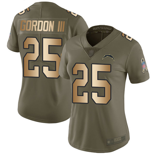 Chargers #25 Melvin Gordon III Olive/Gold Women's Stitched Football Limited 2017 Salute to Service Jersey - Click Image to Close