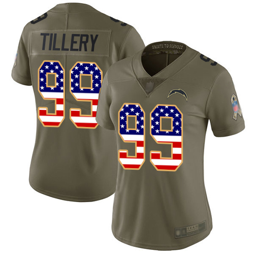 Chargers #99 Jerry Tillery Olive/USA Flag Women's Stitched Football Limited 2017 Salute to Service Jersey