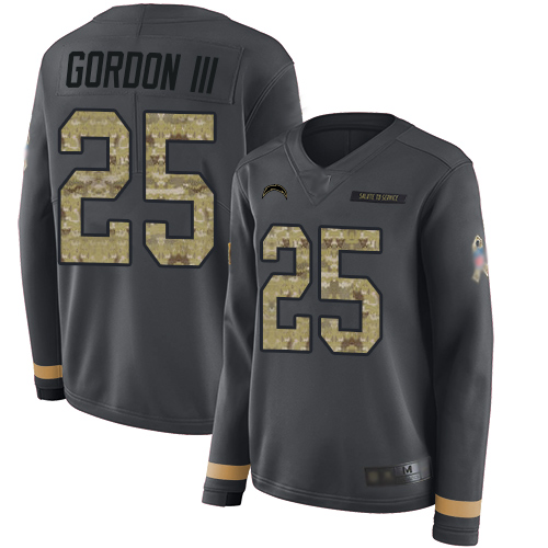 Chargers #25 Melvin Gordon III Anthracite Salute to Service Women's Stitched Football Limited Therma Long Sleeve Jersey