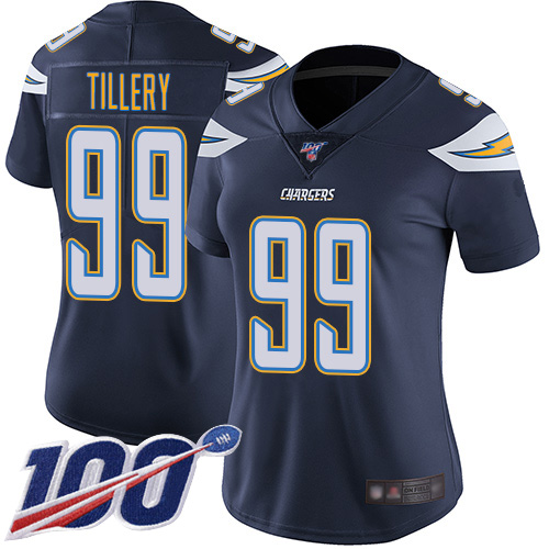 Chargers #99 Jerry Tillery Navy Blue Team Color Women's Stitched Football 100th Season Vapor Limited Jersey - Click Image to Close