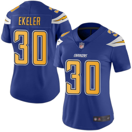 Chargers #30 Austin Ekeler Electric Blue Women's Stitched Football Limited Rush Jersey - Click Image to Close