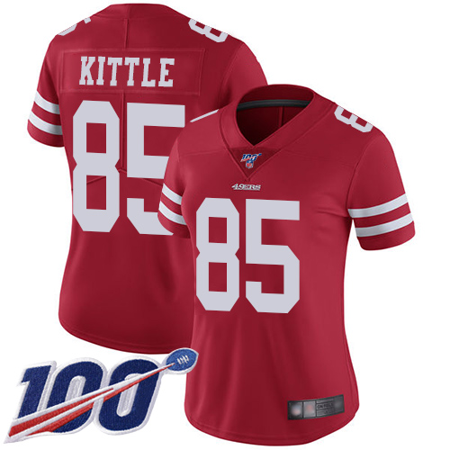 49ers #85 George Kittle Red Team Color Women's Stitched Football 100th Season Vapor Limited Jersey - Click Image to Close