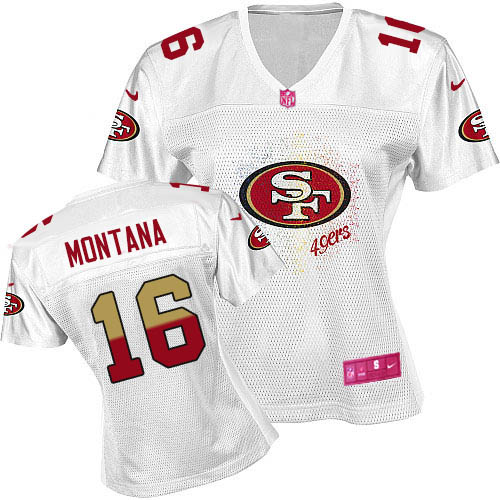 Nike 49ers #16 Joe Montana White Women's Fem Fan NFL Game Jersey - Click Image to Close