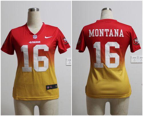 Nike 49ers #16 Joe Montana Red/Gold Women's Stitched NFL Elite Fadeaway Fashion Jersey