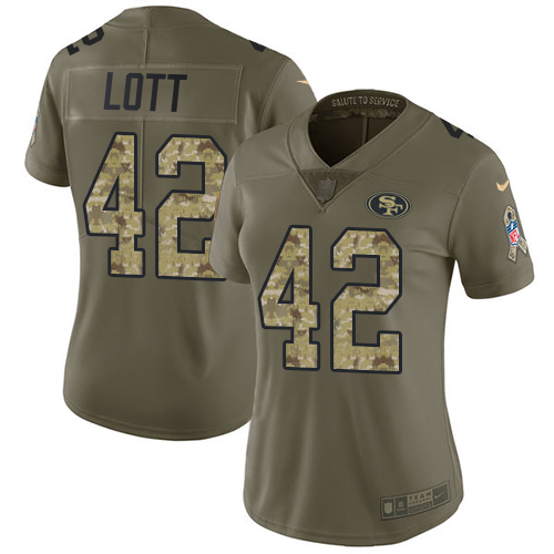 Nike 49ers #42 Ronnie Lott Olive/Camo Women's Stitched NFL Limited 2017 Salute to Service Jersey - Click Image to Close