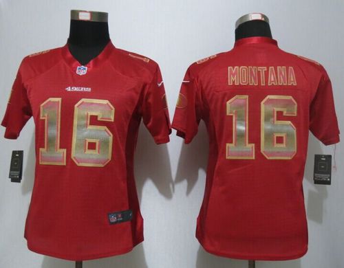 Nike 49ers #16 Joe Montana Red Team Color Women's Stitched NFL Elite Strobe Jersey