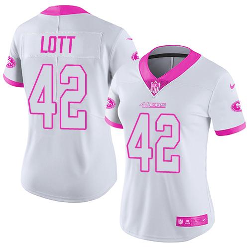 Nike 49ers #42 Ronnie Lott White/Pink Women's Stitched NFL Limited Rush Fashion Jersey - Click Image to Close