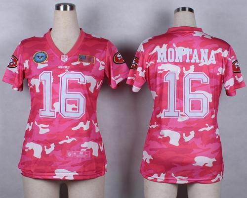 Nike 49ers #16 Joe Montana Pink Women's Stitched NFL Elite Camo Fashion Jersey