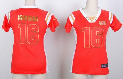 Nike 49ers #16 Joe Montana Red Women's Stitched NFL Elite Draft Him Shimmer Jersey - Click Image to Close