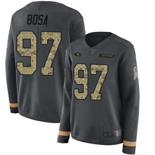 Nike 49ers #97 Nick Bosa Anthracite Salute to Service Women's Stitched NFL Limited Therma Long Sleeve Jersey