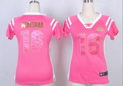 Nike 49ers #16 Joe Montana Pink Women's Stitched NFL Elite Draft Him Shimmer Jersey