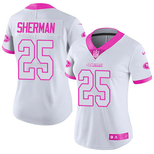 Nike 49ers #25 Richard Sherman White/Pink Women's Stitched NFL Limited Rush Fashion Jersey - Click Image to Close