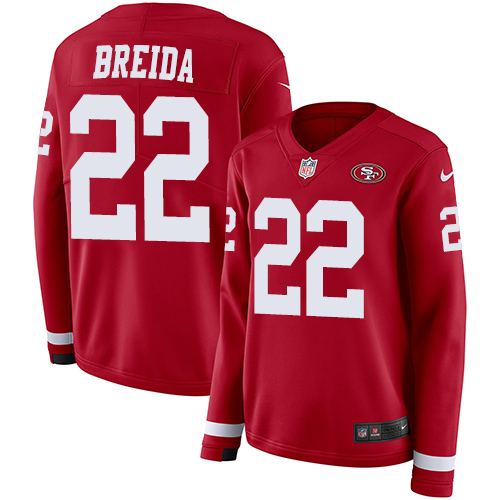 Nike 49ers #22 Matt Breida Red Team Color Women's Stitched NFL Limited Therma Long Sleeve Jersey - Click Image to Close