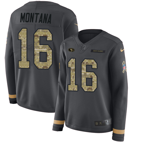 Nike 49ers #16 Joe Montana Anthracite Salute to Service Women's Stitched NFL Limited Therma Long Sleeve Jersey - Click Image to Close