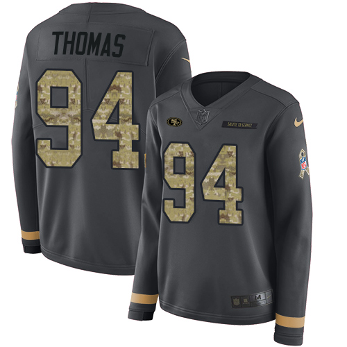 Nike 49ers #94 Solomon Thomas Anthracite Salute to Service Women's Stitched NFL Limited Therma Long Sleeve Jersey - Click Image to Close