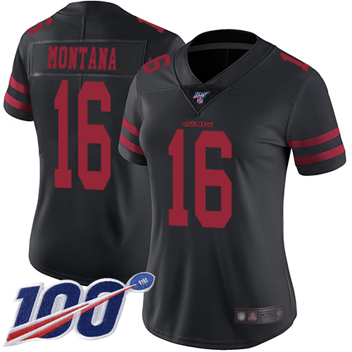 49ers #16 Joe Montana Black Alternate Women's Stitched Football 100th Season Vapor Limited Jersey - Click Image to Close