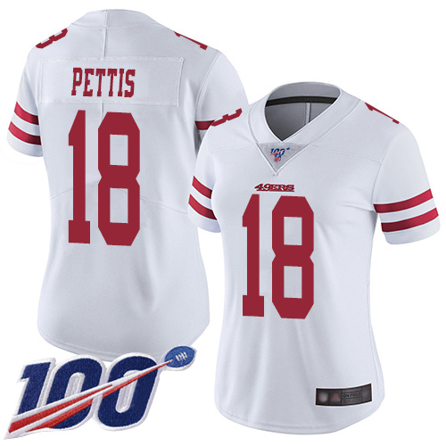 49ers #18 Dante Pettis White Women's Stitched Football 100th Season Vapor Limited Jersey - Click Image to Close