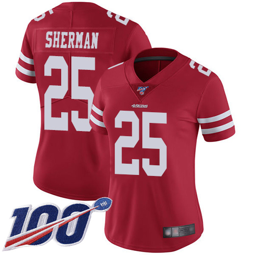 49ers #25 Richard Sherman Red Team Color Women's Stitched Football 100th Season Vapor Limited Jersey - Click Image to Close