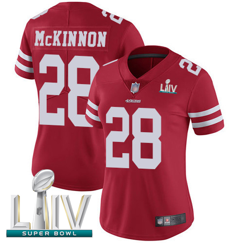 49ers #28 Jerick McKinnon Red Team Color Super Bowl LIV Bound Women's Stitched Football Vapor Untouchable Limited Jersey - Click Image to Close